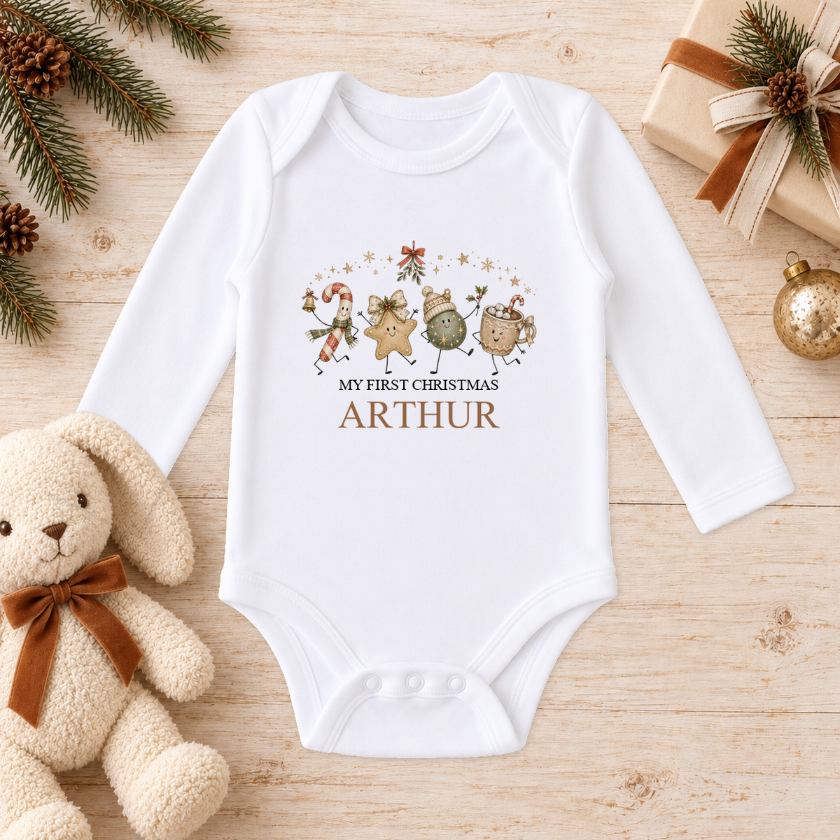 Personalised Festive Friends baby long sleeve vest with a custom name