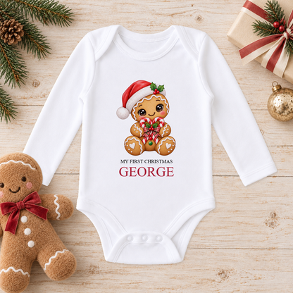 Personalised Gingerbread Candy Cane Heart baby long sleeve vest with a custom name