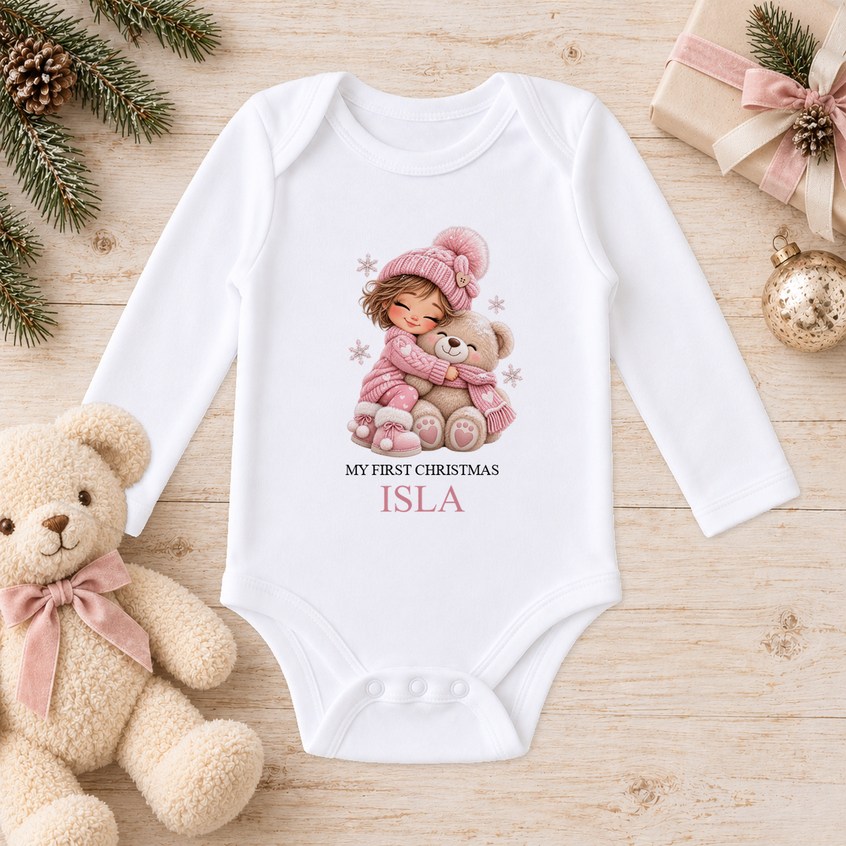 Personalised Girl Hugging Teddy baby long sleeve vest with a custom name