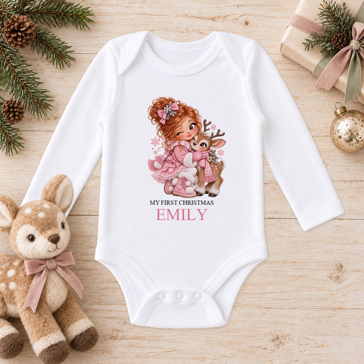 Personalised Girl Hugging Reindeer baby long sleeve vest with a custom name