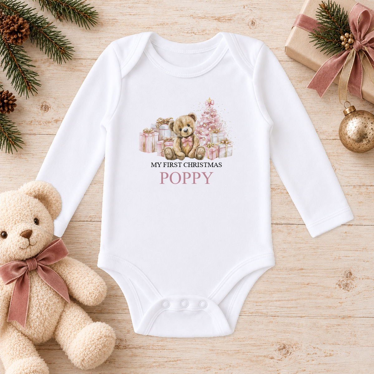 Personalised Pink Teddy and Presents baby long sleeve vest with a custom name