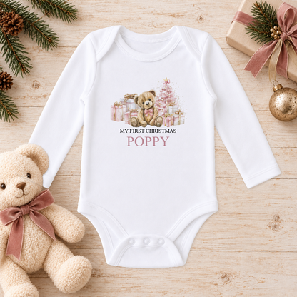 Personalised Pink Teddy and Presents baby long sleeve vest with a custom name