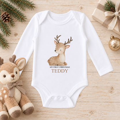 Personalised Baby Reindeer baby long sleeve vest with a custom name