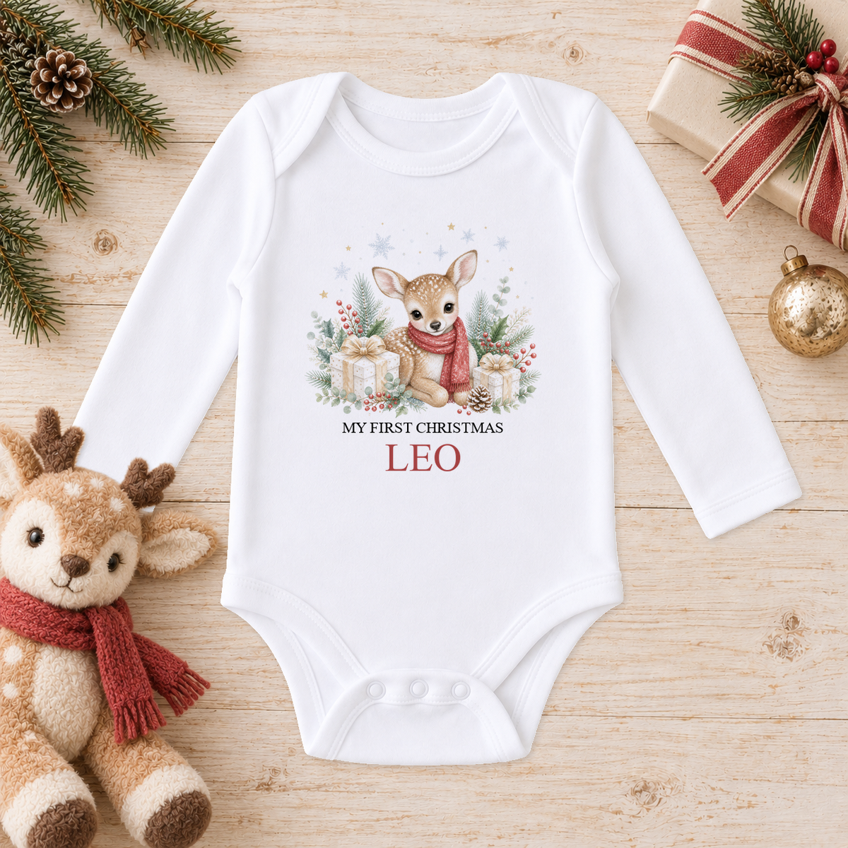 Personalised Baby Deer Red Scarf baby long sleeve vest with a custom name