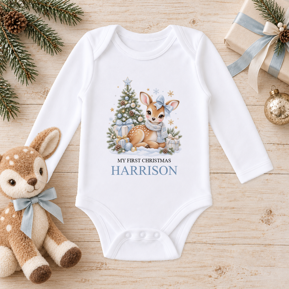 Personalised Blue Bow Fawn baby long sleeve vest with a custom name