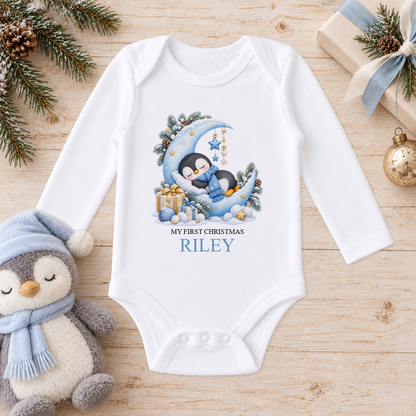 Personalised Sleepy Penguin Moon baby long sleeve vest with a custom name