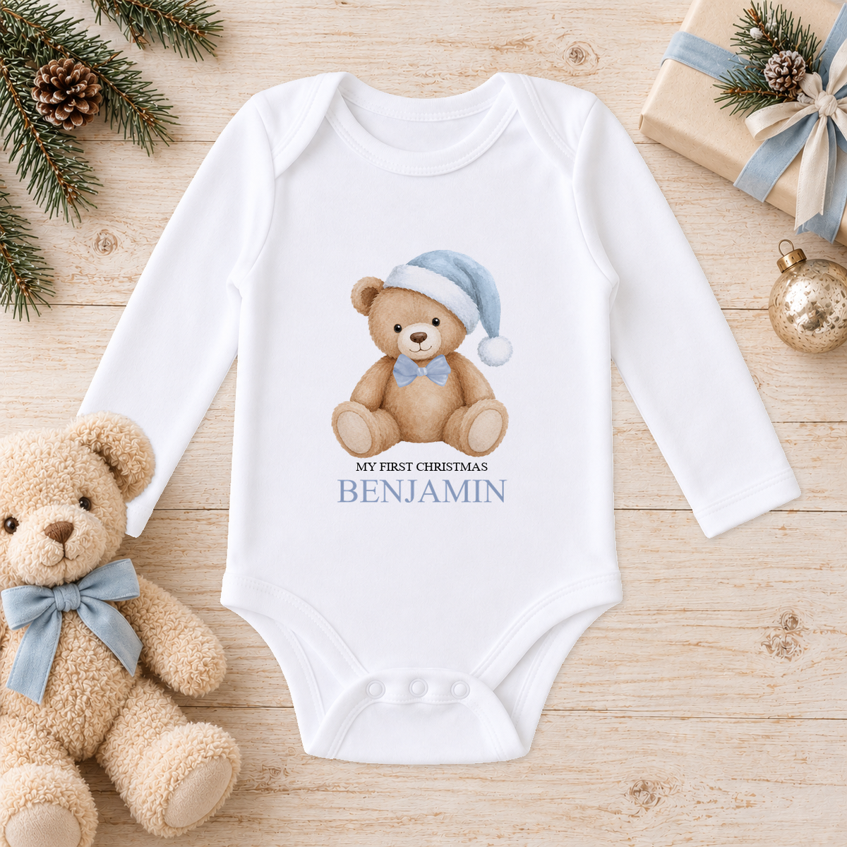 Personalised Blue Hat Teddy baby long sleeve vest with a custom name