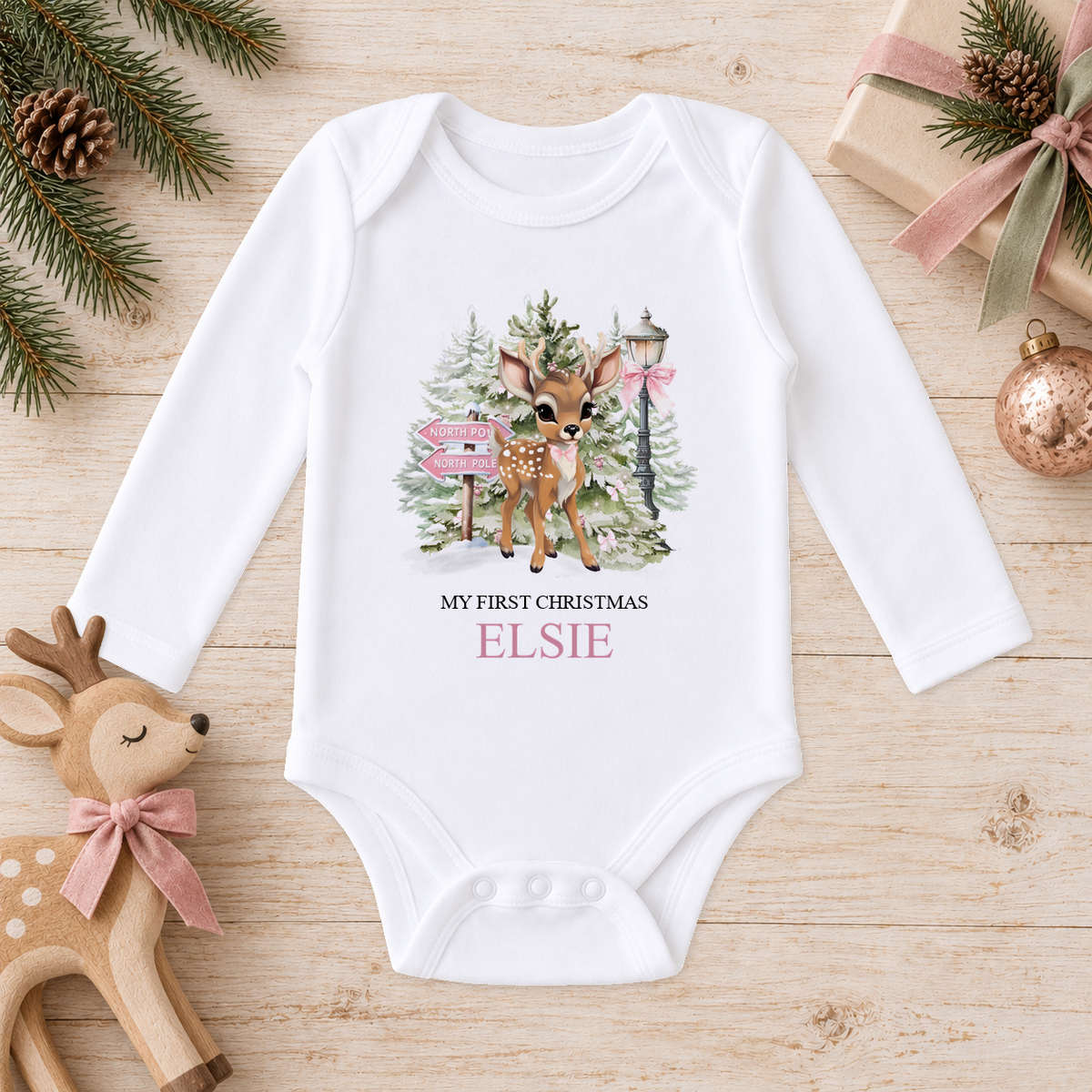 Personalised North Pole Fawn Pink Bow baby long sleeve vest with a custom name