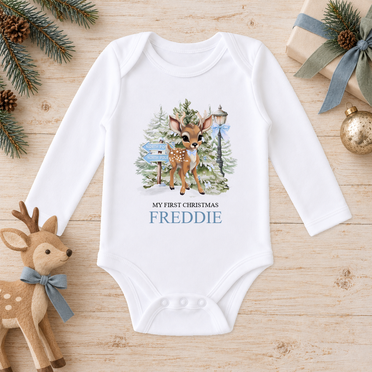 Personalised North Pole Fawn Blue Bow baby long sleeve vest with a custom name
