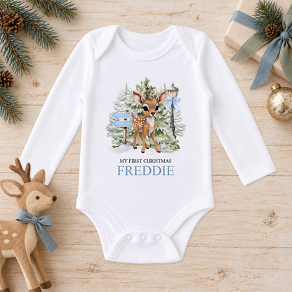 Personalised North Pole Fawn Blue Bow baby long sleeve vest with a custom name