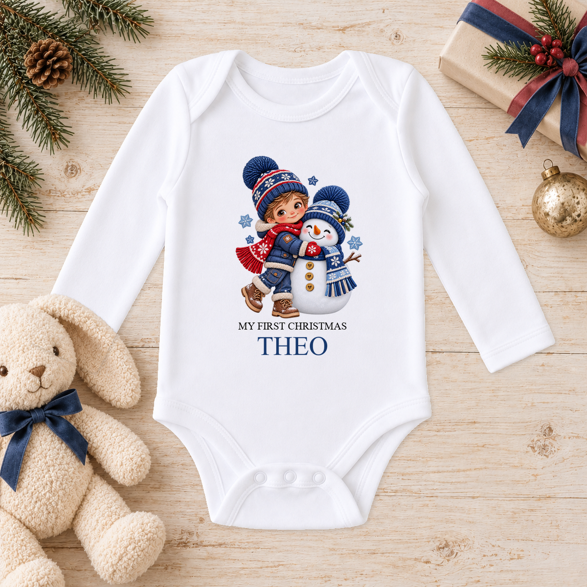 Personalised Boy Hugging Snowman baby long sleeve vest with a custom name
