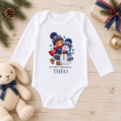 Personalised Boy Hugging Snowman baby long sleeve vest with a custom name