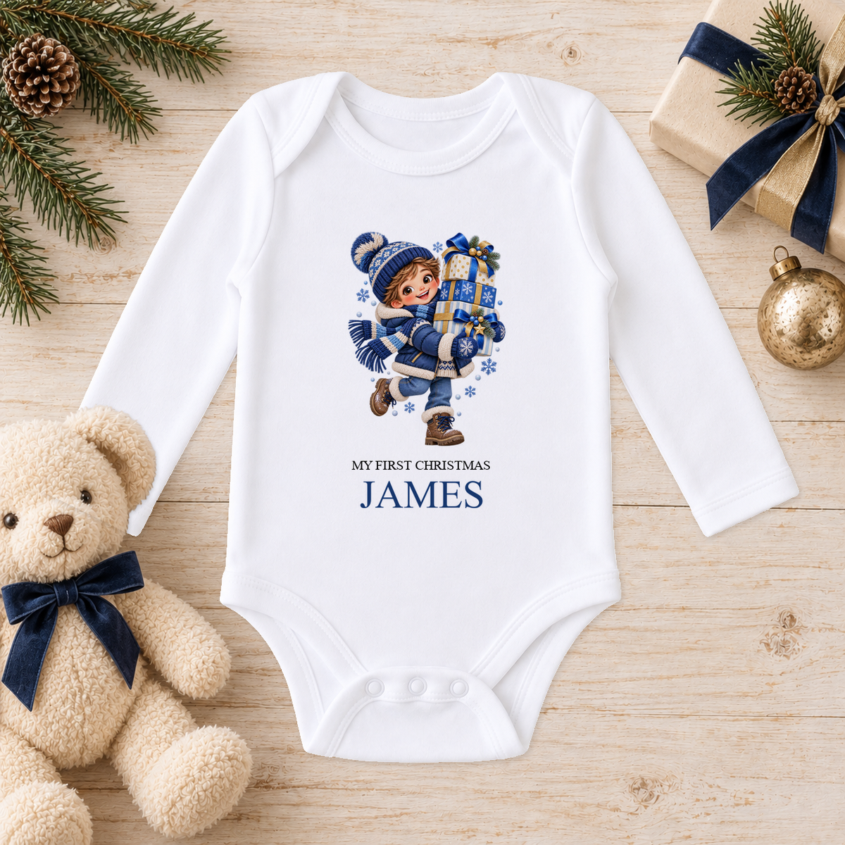 Personalised Boy with Presents baby long sleeve vest with a custom name