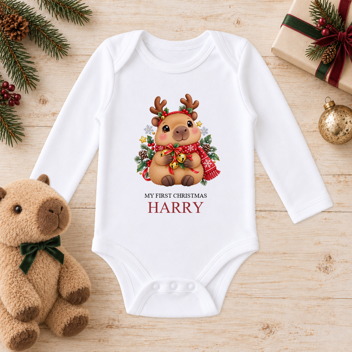 Personalised Capybara Reindeer baby long sleeve vest with a custom name