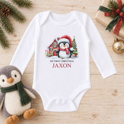 Personalised Santa Hat Penguin baby long sleeve vest with a custom name