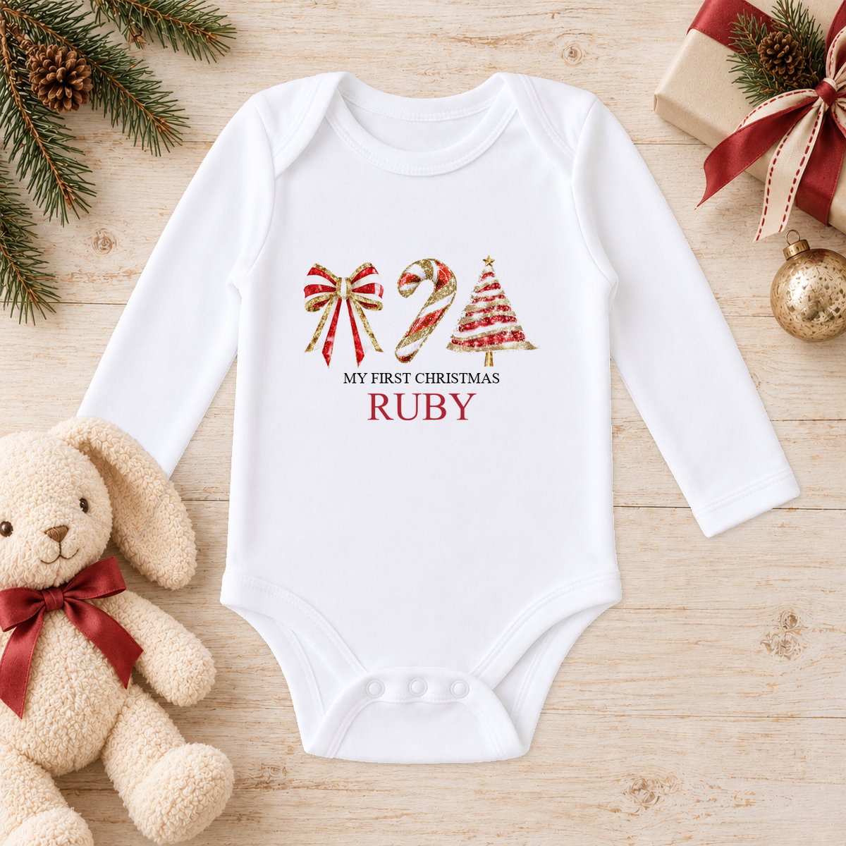 Personalised Bow, Candy Cane and Tree baby long sleeve vest with a custom name