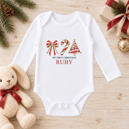 Personalised Bow, Candy Cane and Tree baby long sleeve vest with a custom name