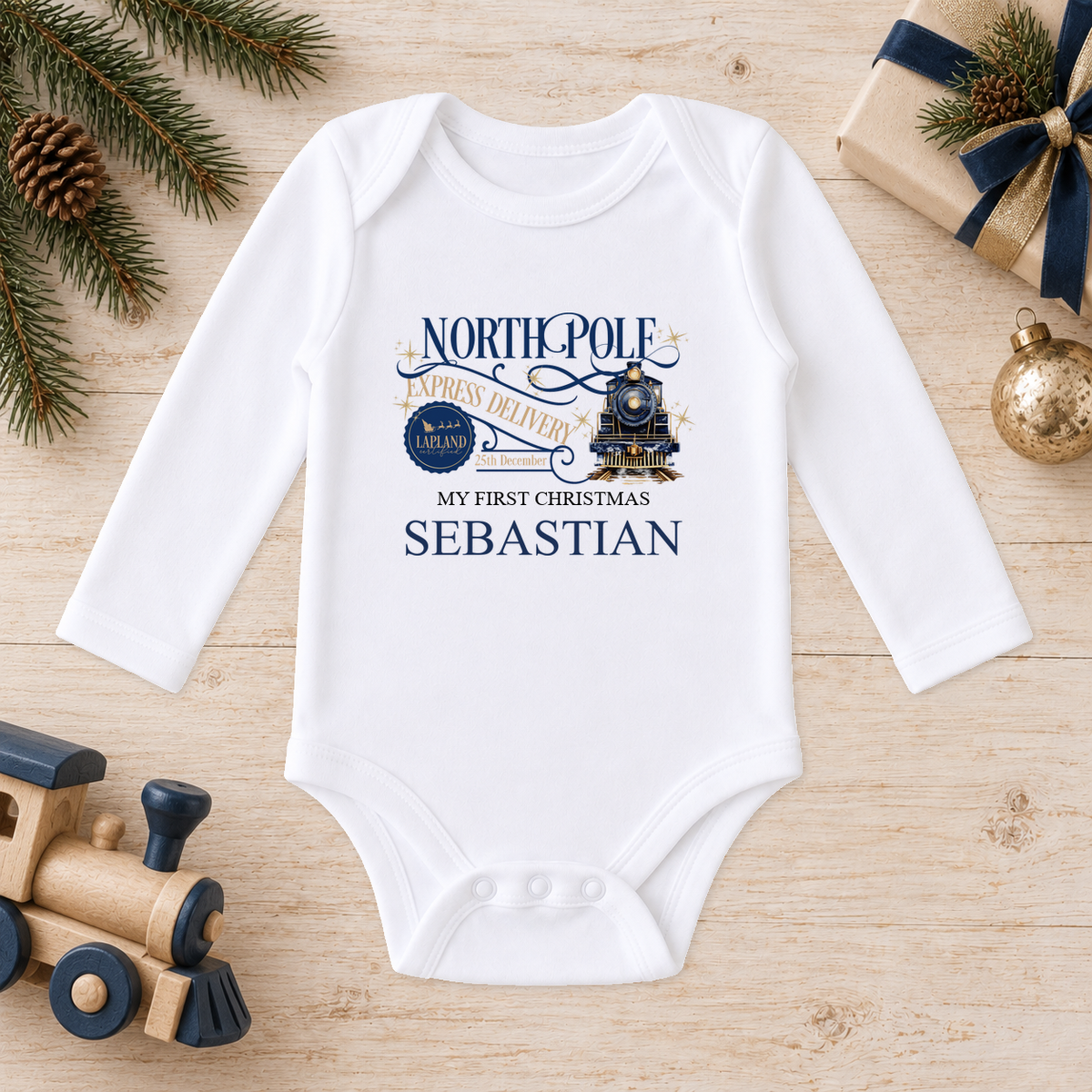 Personalised North Pole Express Navy Train baby long sleeve vest with a custom name