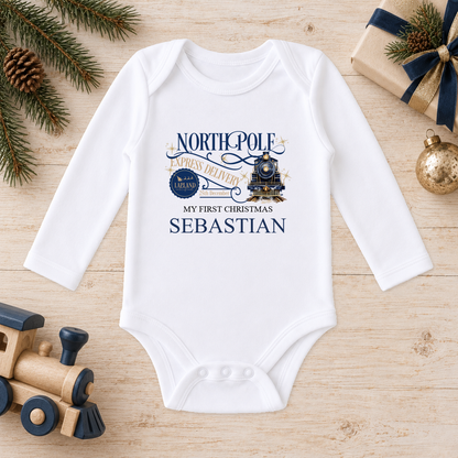 Personalised North Pole Express Navy Train baby long sleeve vest with a custom name