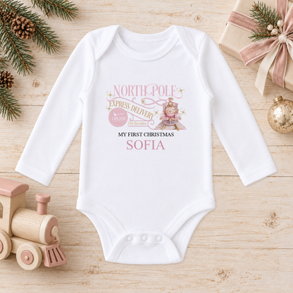 Personalised North Pole Express Pink Train baby long sleeve vest with a custom name