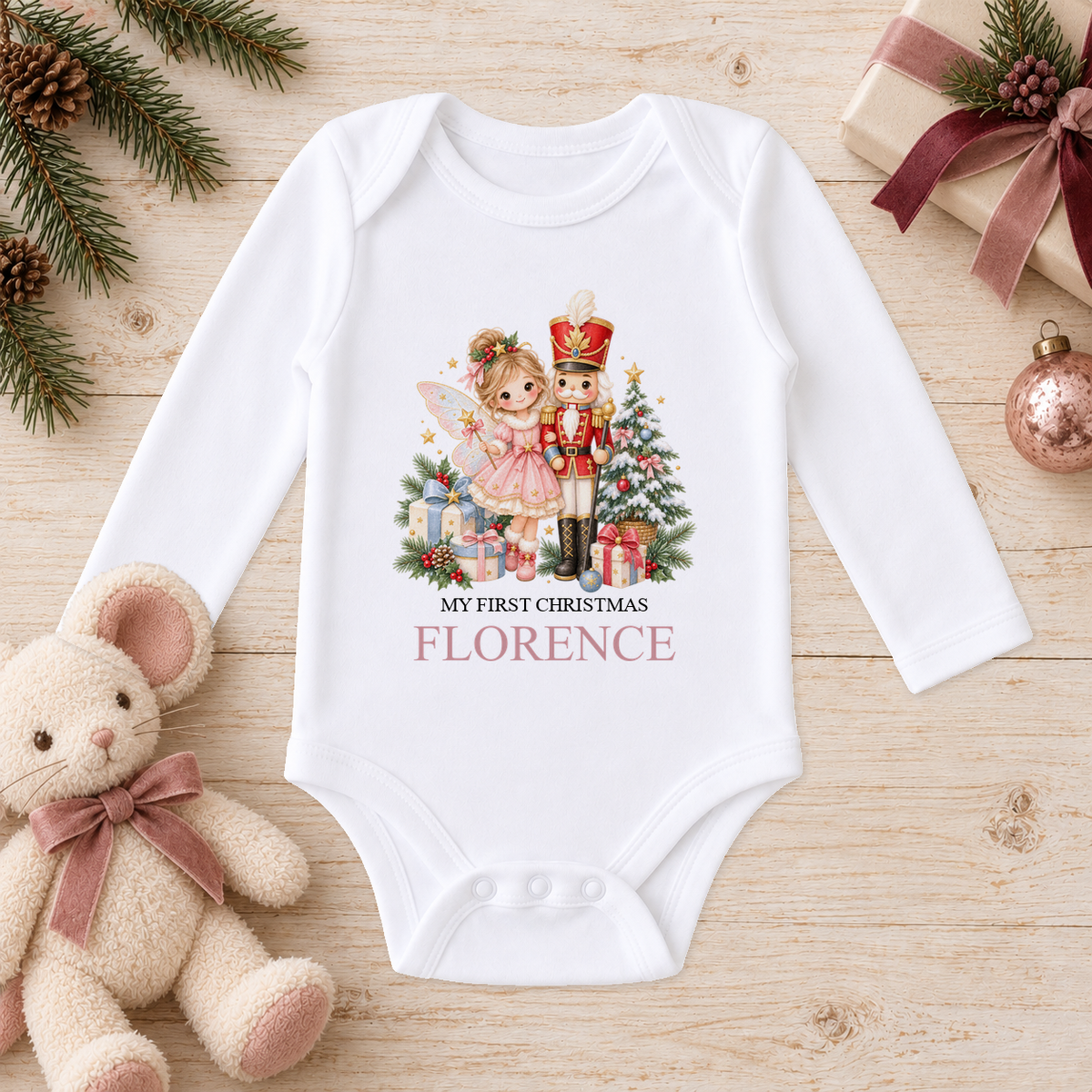 Personalised Fairy and Nutcracker baby long sleeve vest with a custom name