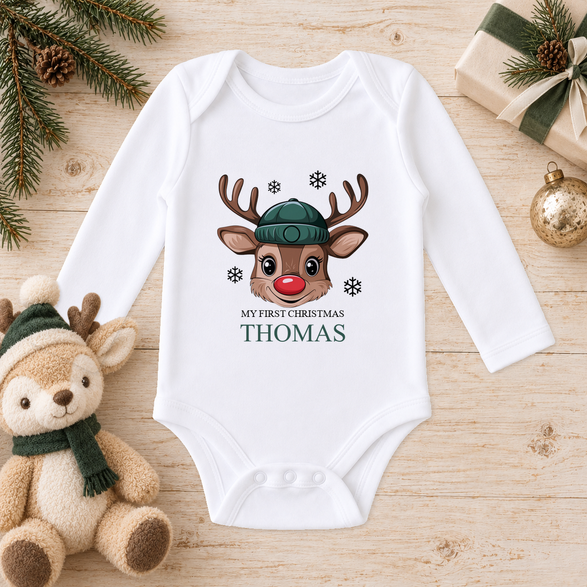 Personalised Reindeer Face Beanie baby long sleeve vest with a custom name