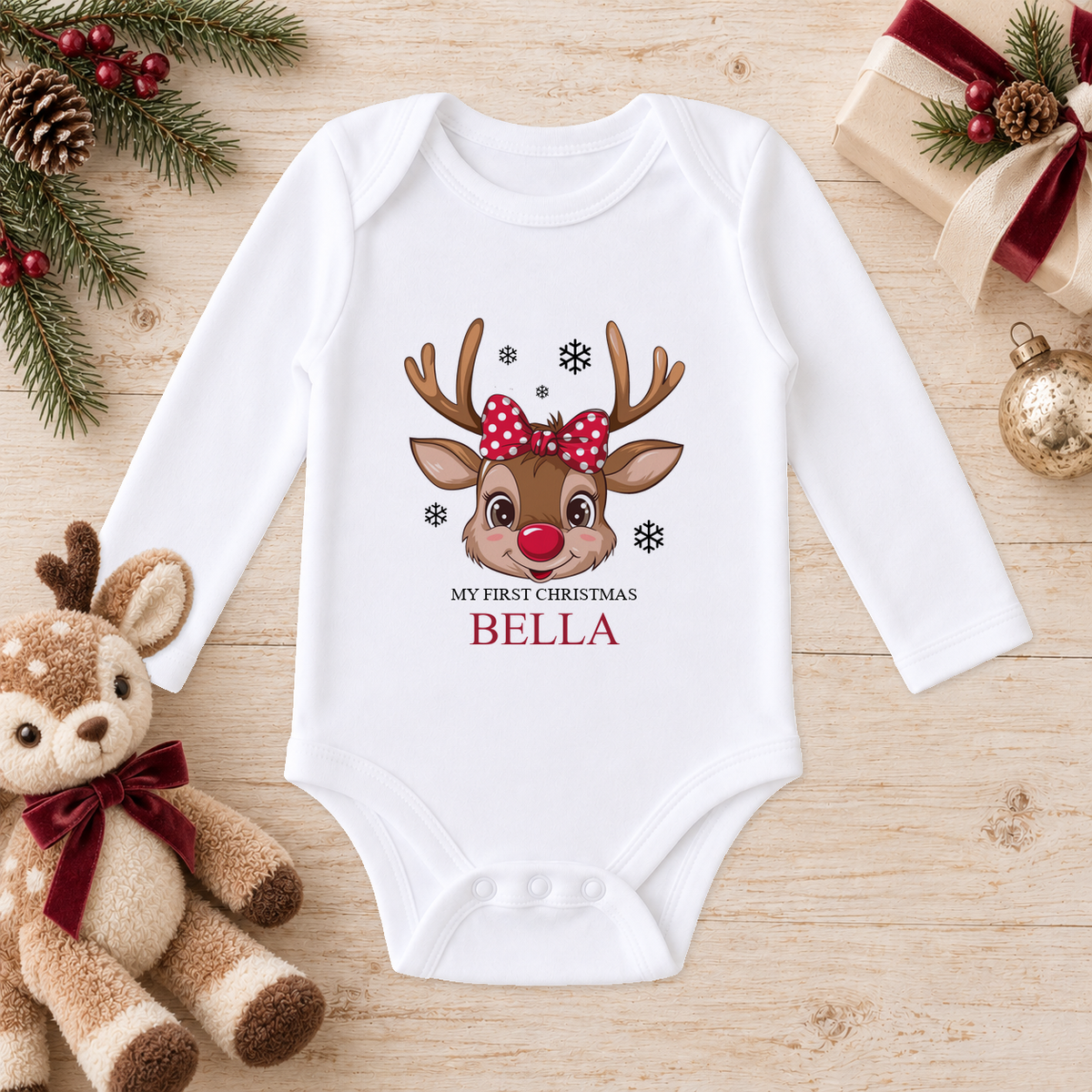 Personalised Reindeer Face Polka Bow baby long sleeve vest with a custom name