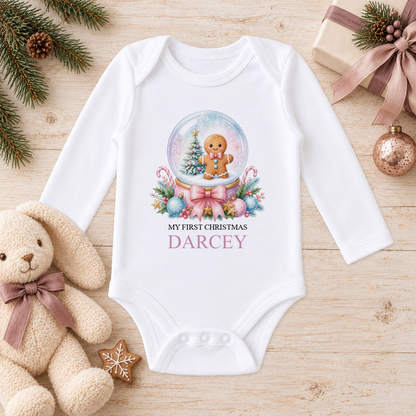Personalised Gingerbread Snow Globe baby long sleeve vest with a custom name