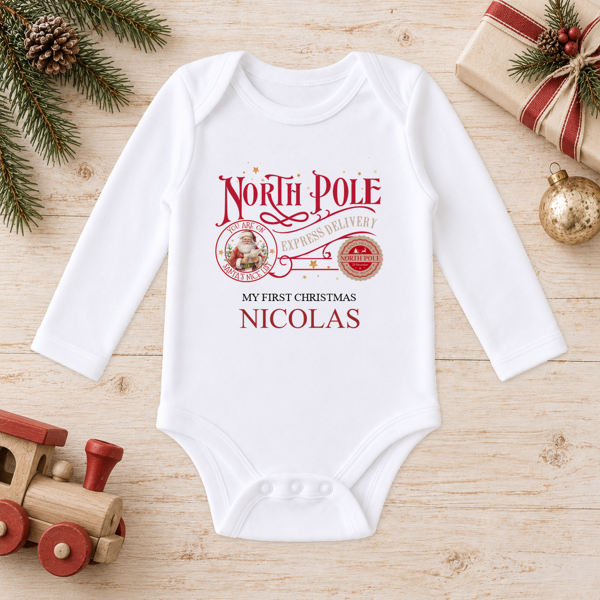 Personalised North Pole Express Santa Stamp baby long sleeve vest with a custom name