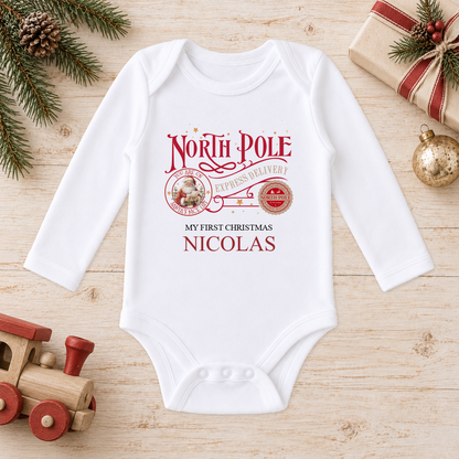 Personalised North Pole Express Santa Stamp baby long sleeve vest with a custom name