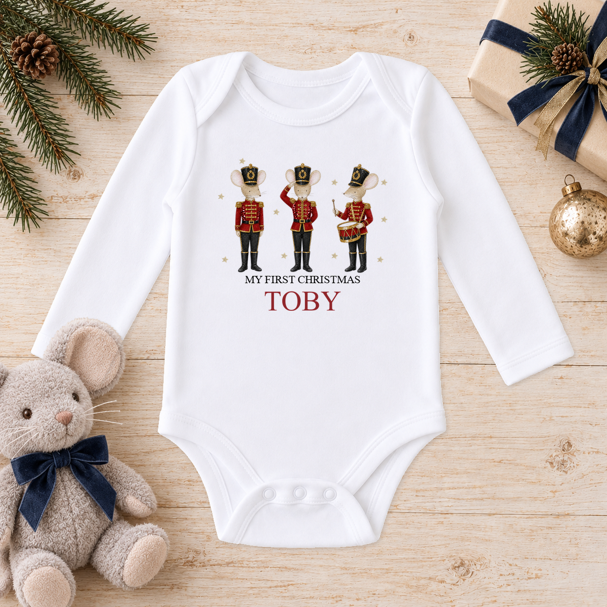 Personalised Nutcracker Mice baby long sleeve vest with a custom name