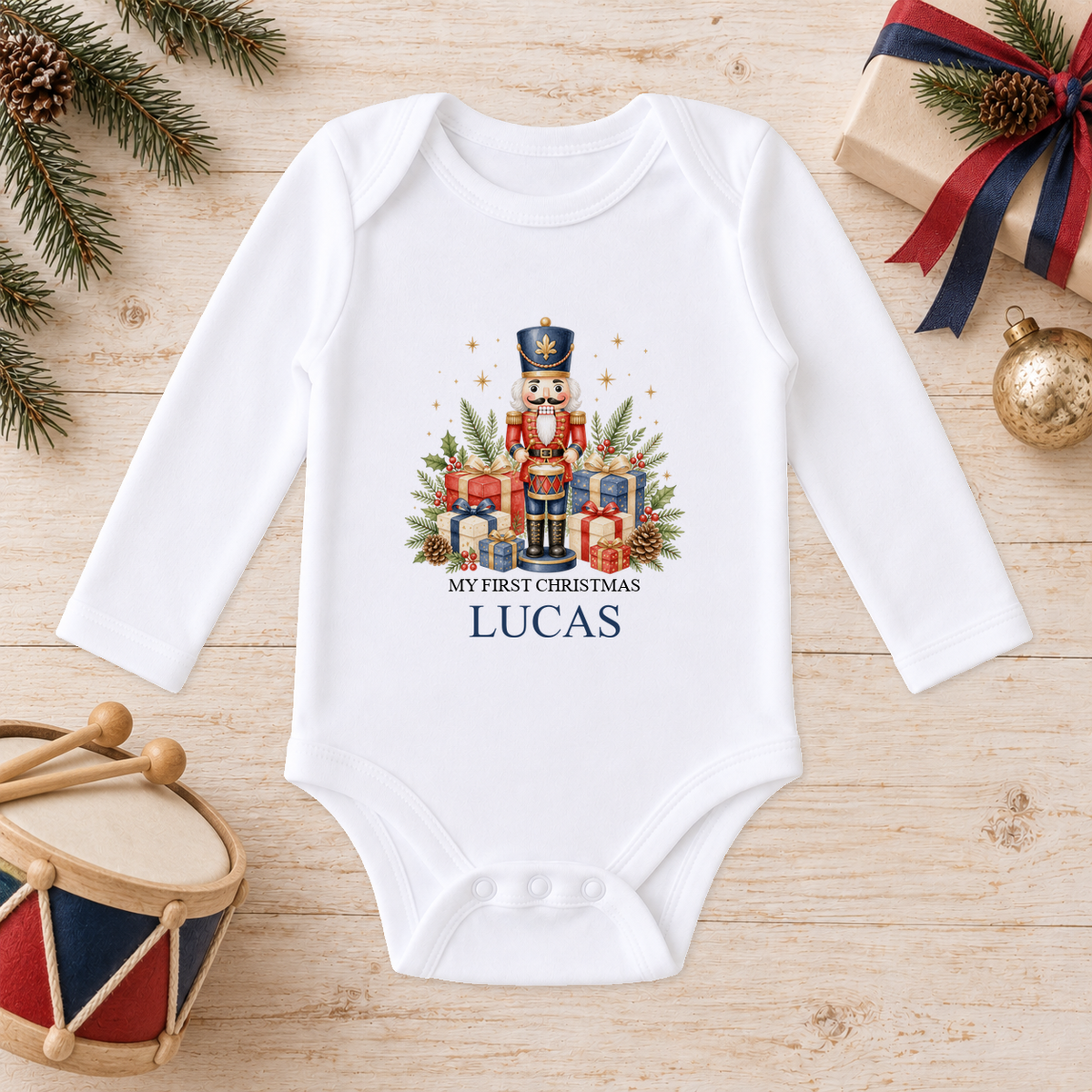 Personalised Nutcracker Drummer baby long sleeve vest with a custom name