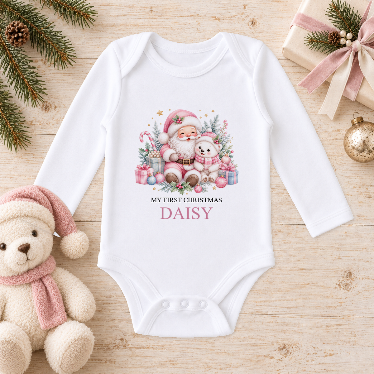 Personalised Pink Santa and Polar Bear baby long sleeve vest with a custom name