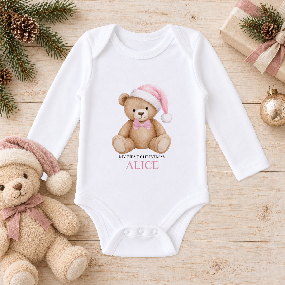 Personalised Pink Hat Teddy baby long sleeve vest with a custom name