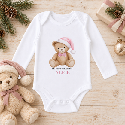 Personalised Pink Hat Teddy baby long sleeve vest with a custom name