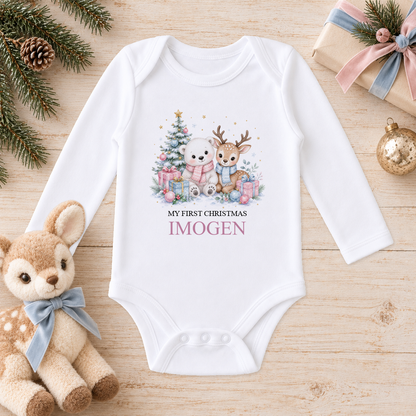 Personalised Polar Bear and Fawn Friends baby long sleeve vest with a custom name