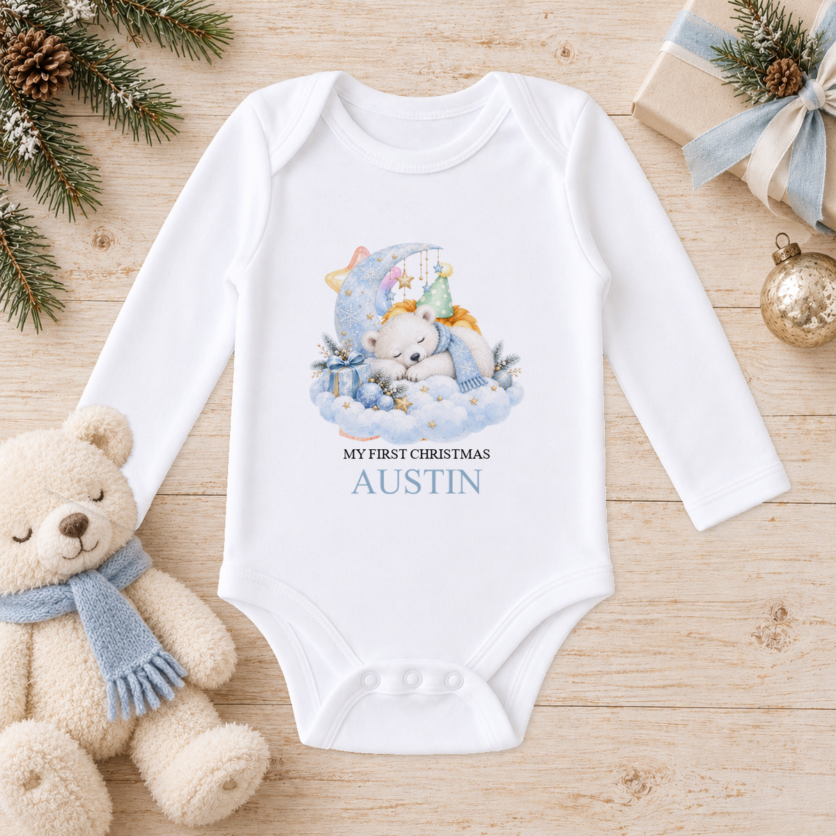 Personalised Sleepy Polar Bear baby long sleeve vest with a custom name