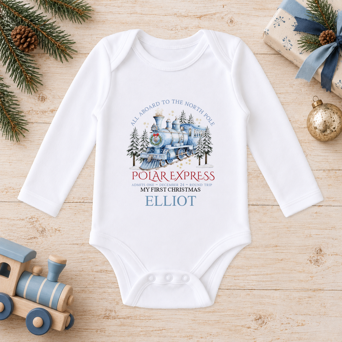 Personalised All Aboard North Pole Train Blue baby long sleeve vest with a custom name
