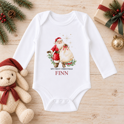 Personalised Vintage Father Christmas baby long sleeve vest with a custom name