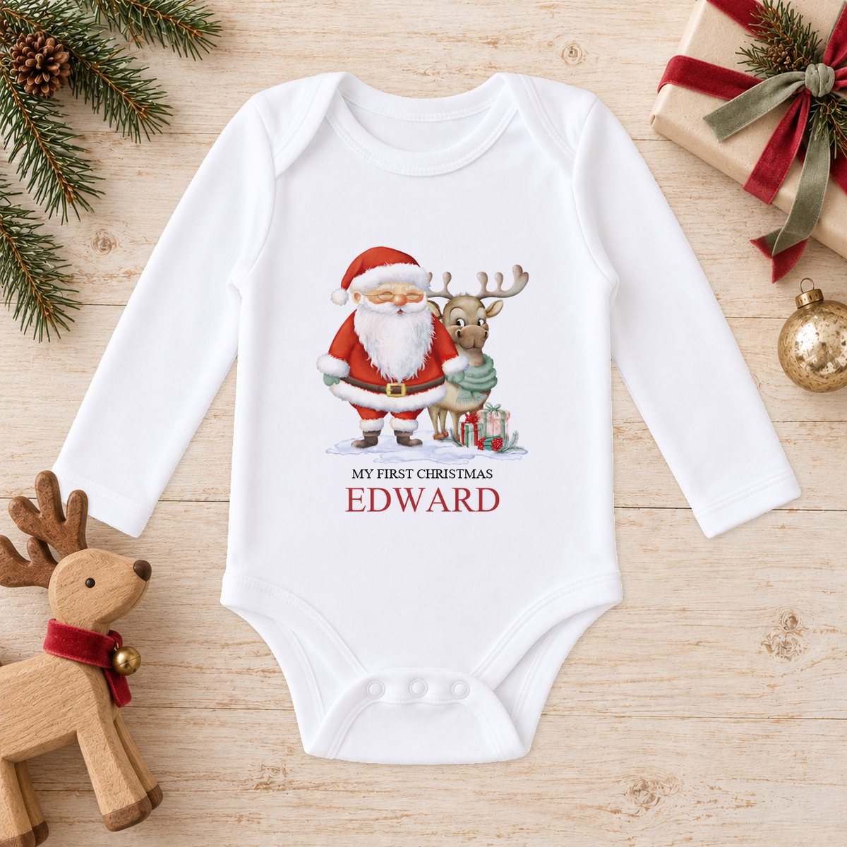 Personalised Santa and Reindeer baby long sleeve vest with a custom name
