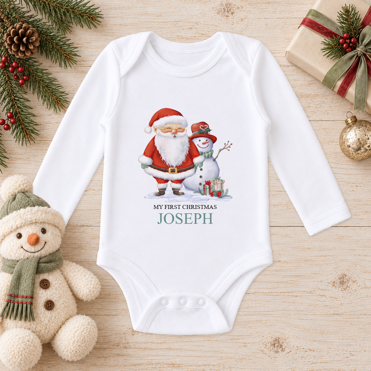 Personalised Santa and Snowman baby long sleeve vest with a custom name