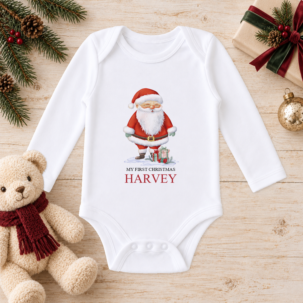 Personalised Santa with Gifts baby long sleeve vest with a custom name