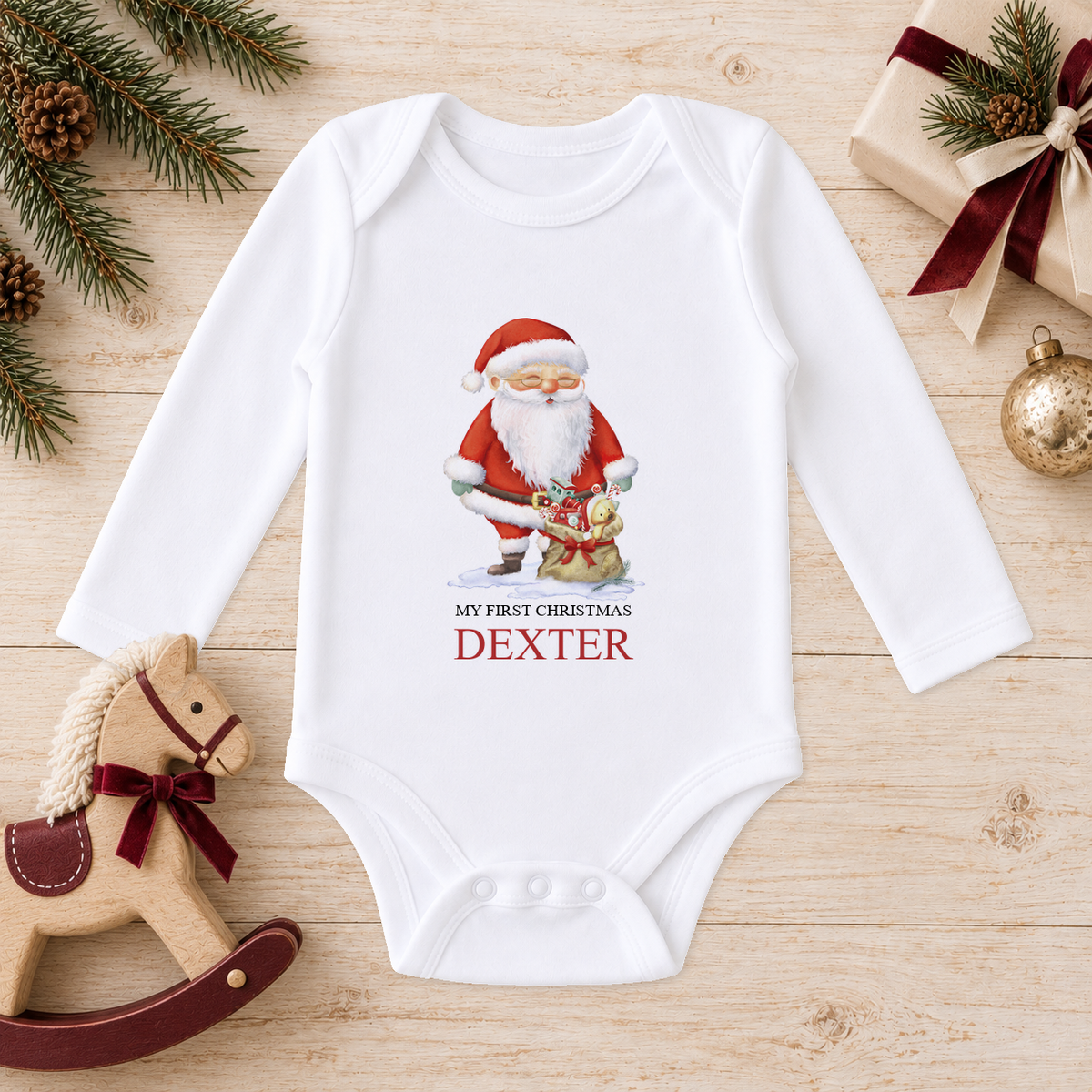 Personalised Santa and Toy Sack baby long sleeve vest with a custom name