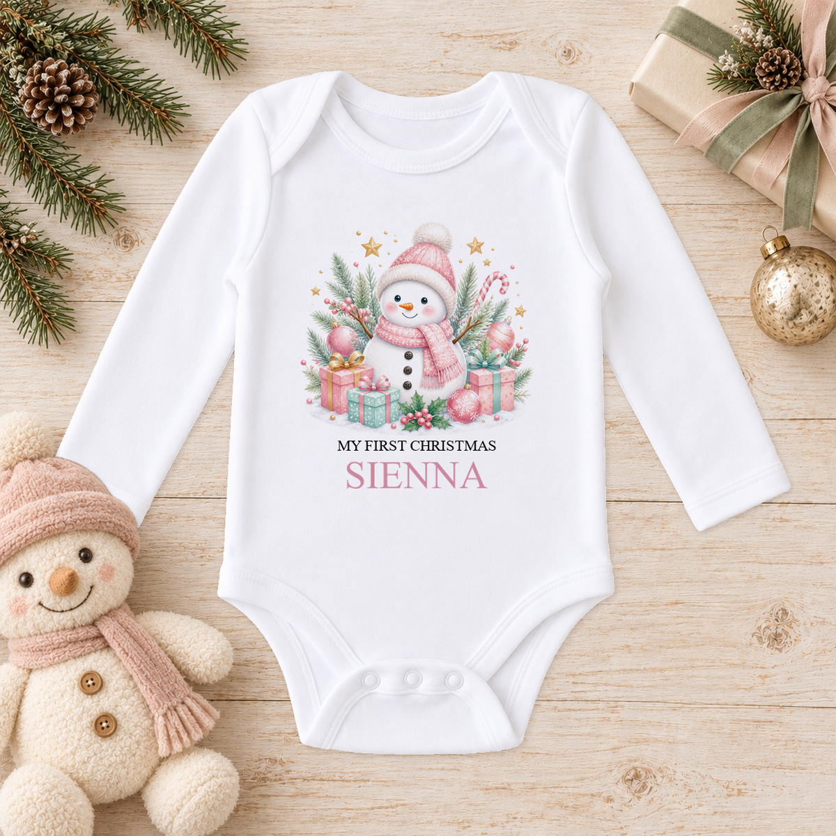 Personalised Pink Snowman baby long sleeve vest with a custom name