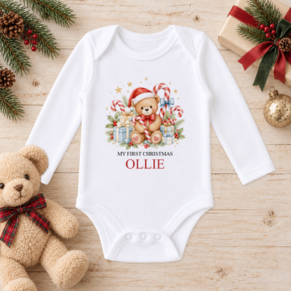 Personalised Candy Cane Teddy baby long sleeve vest with a custom name