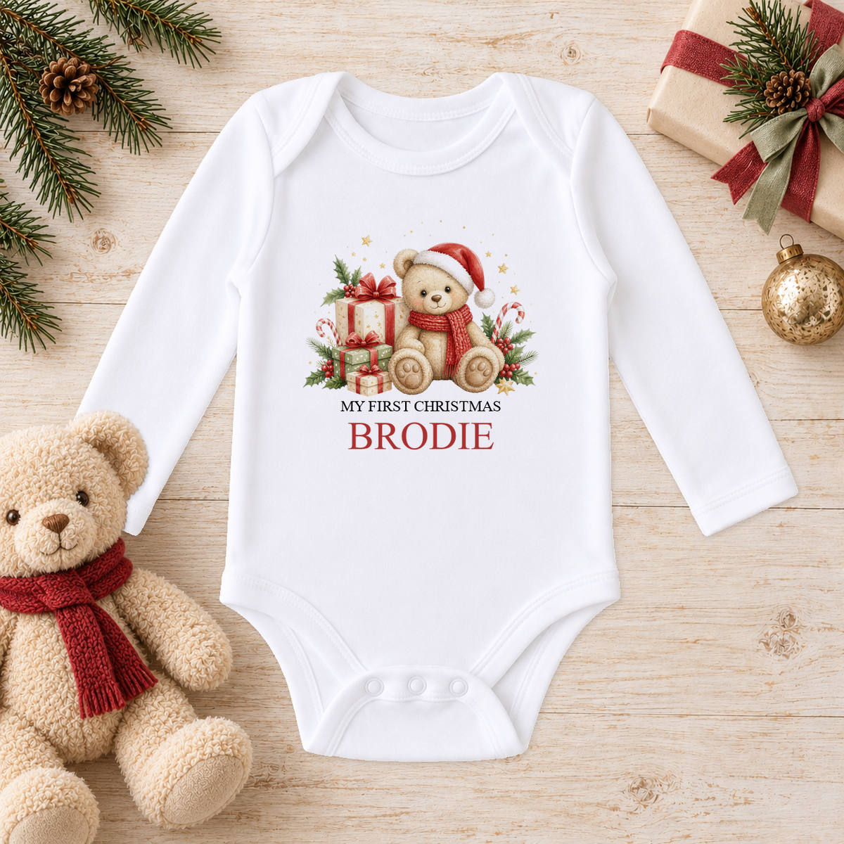 Personalised Cosy Scarf Teddy baby long sleeve vest with a custom name