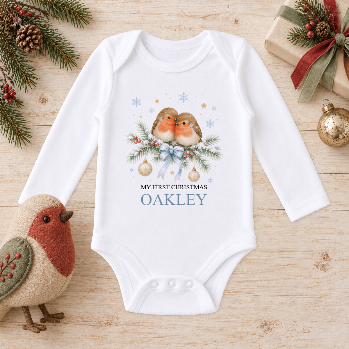 Personalised Two Robins baby long sleeve vest with a custom name