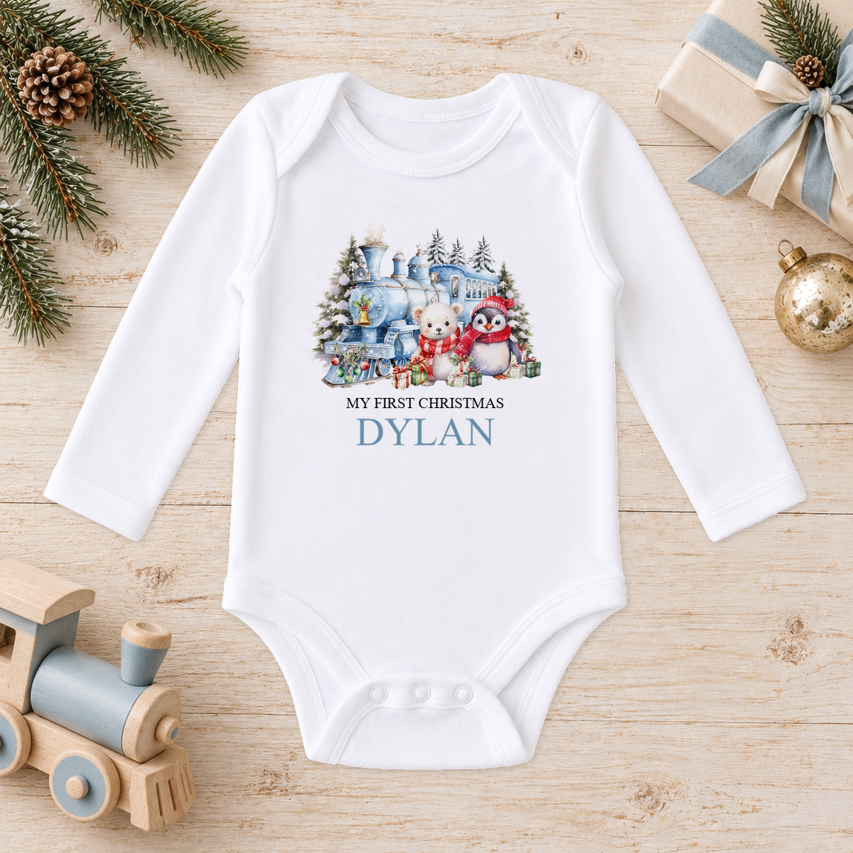 Personalised Winter Christmas Train baby long sleeve vest with a custom name
