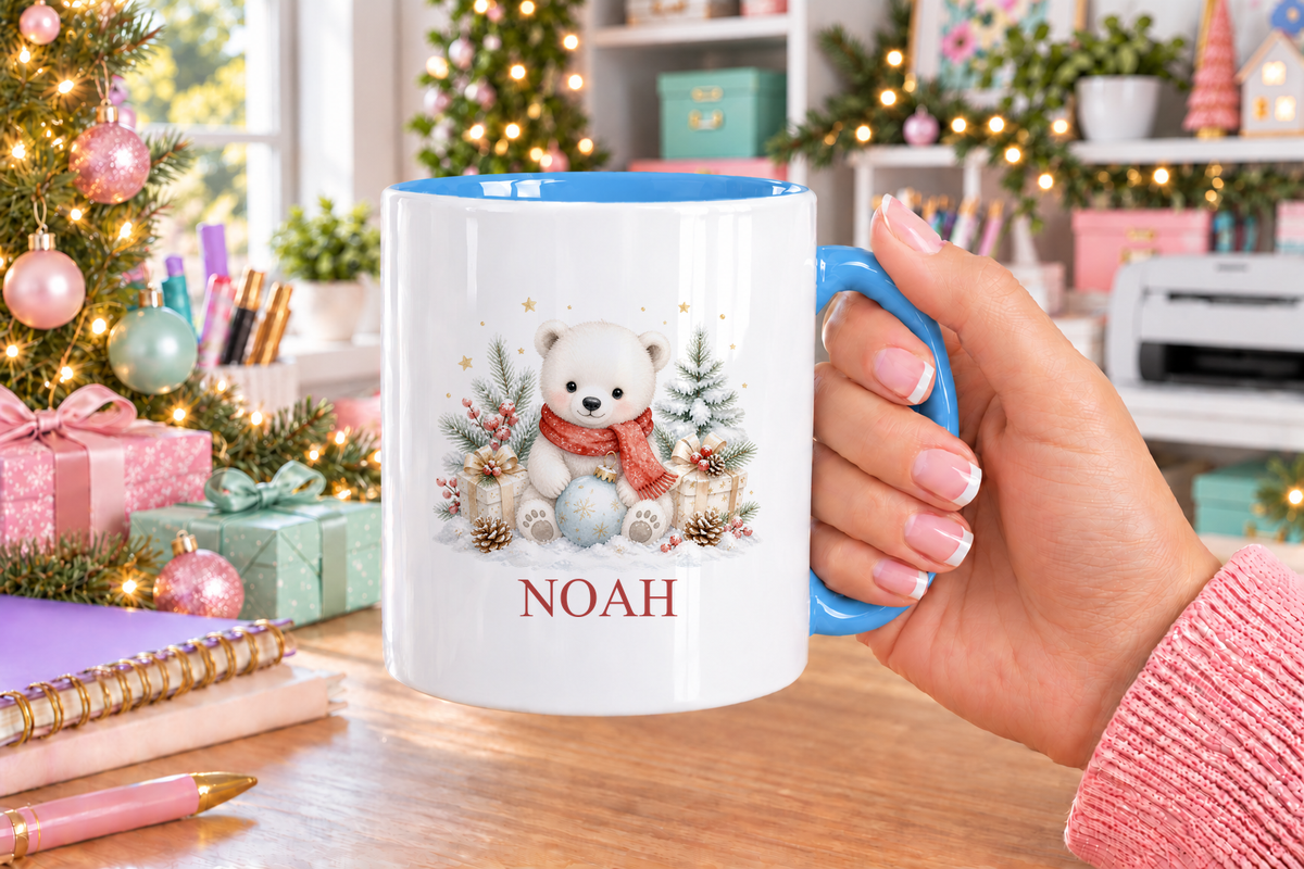 Personalised Polar Bear in Red Scarf Christmas mug – blue handle with a custom name