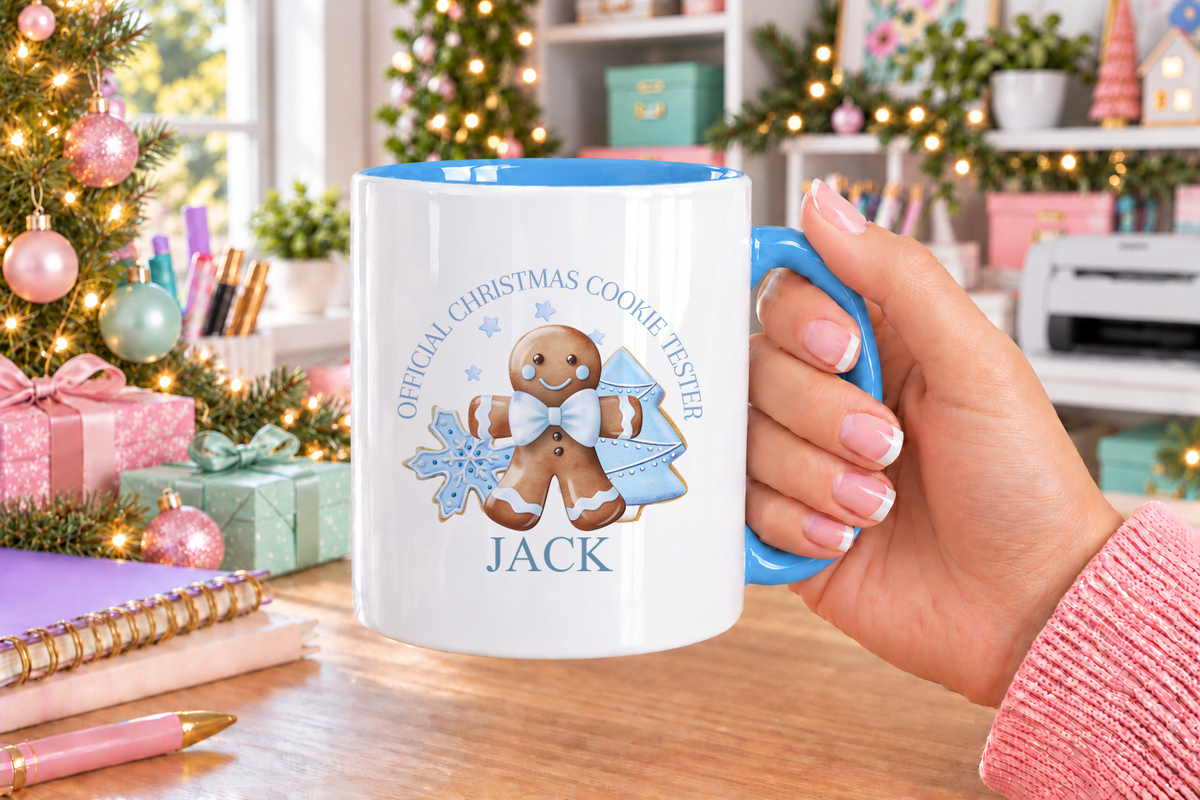 Personalised Blue Cookie Tester Christmas mug – blue handle with a custom name